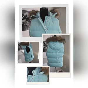 The Gap Extra Large Women's Blue Puffer Vest Faux Fur detachable trim